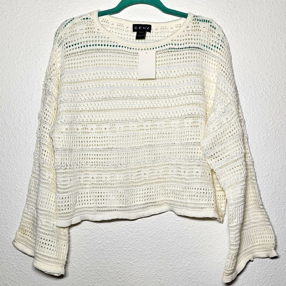 Ceny off white knit/ crochet large boho pattern flare sleeve see-through top NWT